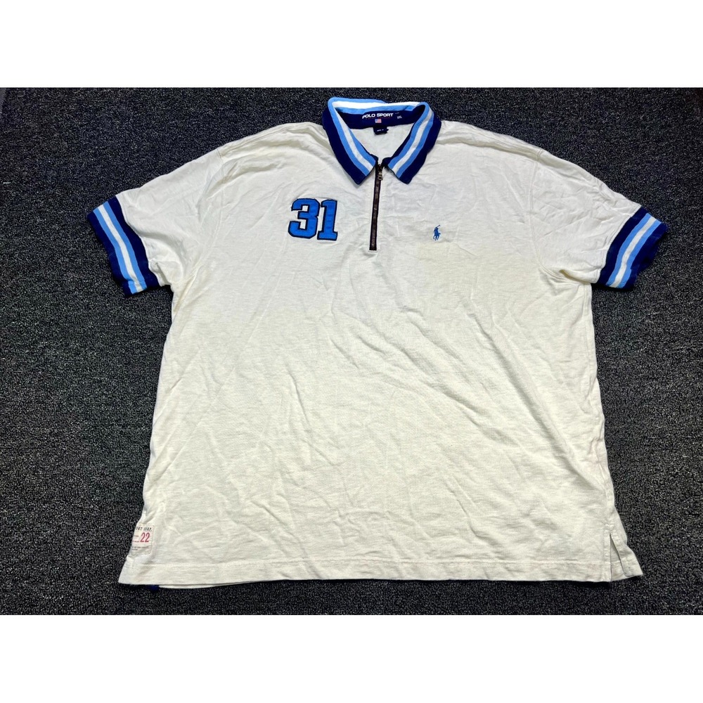 Vtg Polo Sport Ralph Lauren Golf Shirt Mens 2XL White Cotton Spellout Patch 31